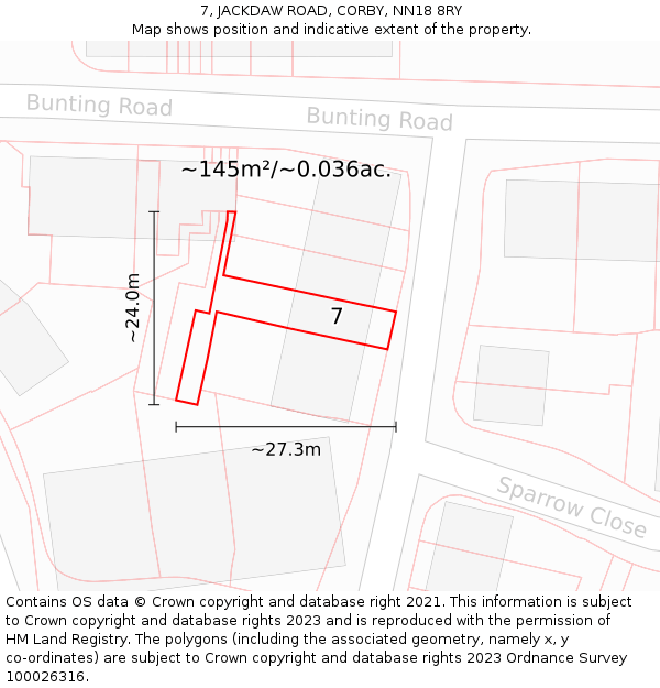 7, JACKDAW ROAD, CORBY, NN18 8RY: Plot and title map