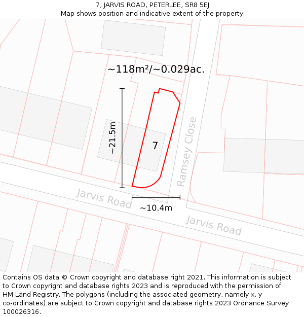 7, JARVIS ROAD, PETERLEE, SR8 5EJ: Plot and title map