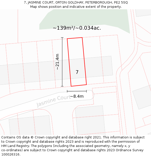 7, JASMINE COURT, ORTON GOLDHAY, PETERBOROUGH, PE2 5SQ: Plot and title map