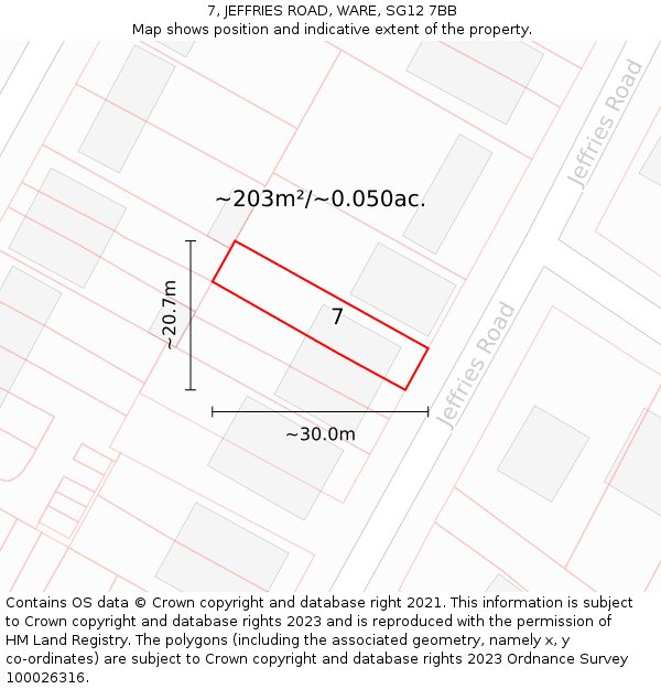7, JEFFRIES ROAD, WARE, SG12 7BB: Plot and title map