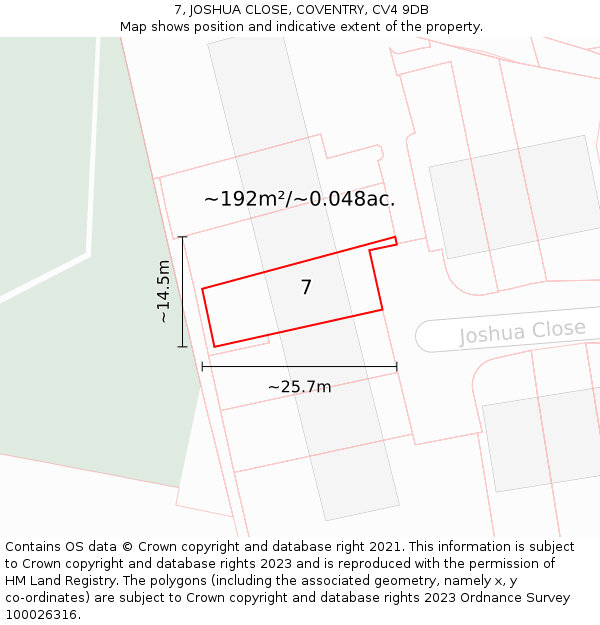 7, JOSHUA CLOSE, COVENTRY, CV4 9DB: Plot and title map