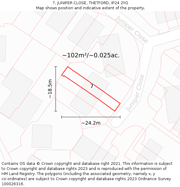 7, JUNIPER CLOSE, THETFORD, IP24 2YG: Plot and title map