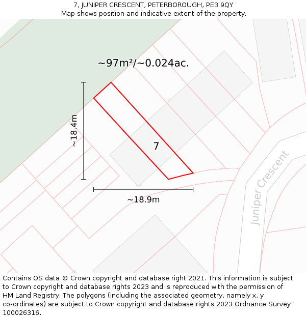 7, JUNIPER CRESCENT, PETERBOROUGH, PE3 9QY: Plot and title map