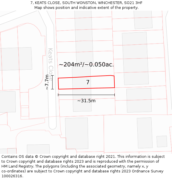 7, KEATS CLOSE, SOUTH WONSTON, WINCHESTER, SO21 3HF: Plot and title map