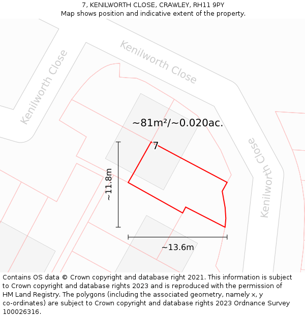 7, KENILWORTH CLOSE, CRAWLEY, RH11 9PY: Plot and title map