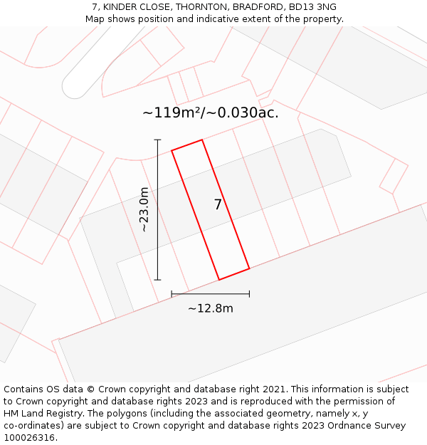 7, KINDER CLOSE, THORNTON, BRADFORD, BD13 3NG: Plot and title map