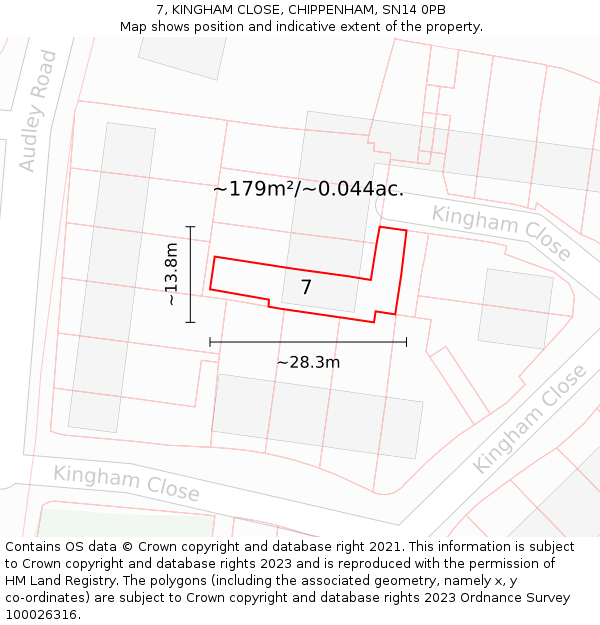 7, KINGHAM CLOSE, CHIPPENHAM, SN14 0PB: Plot and title map