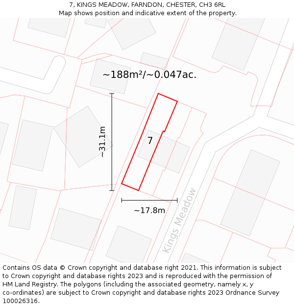 7, KINGS MEADOW, FARNDON, CHESTER, CH3 6RL: Plot and title map