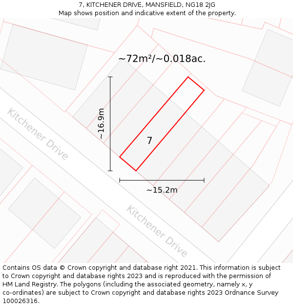 7, KITCHENER DRIVE, MANSFIELD, NG18 2JG: Plot and title map