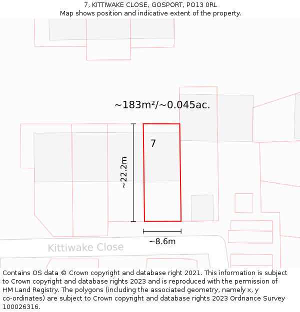 7, KITTIWAKE CLOSE, GOSPORT, PO13 0RL: Plot and title map