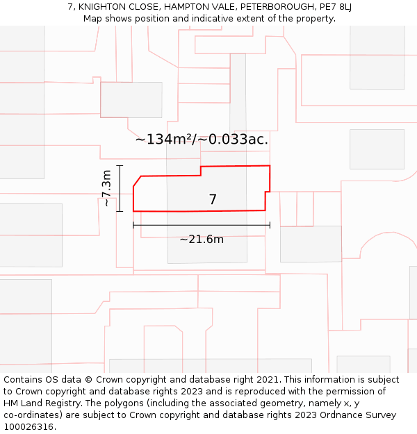 7, KNIGHTON CLOSE, HAMPTON VALE, PETERBOROUGH, PE7 8LJ: Plot and title map