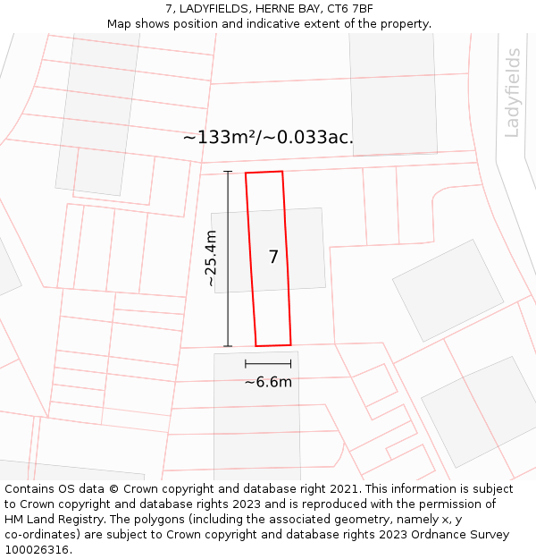 7, LADYFIELDS, HERNE BAY, CT6 7BF: Plot and title map