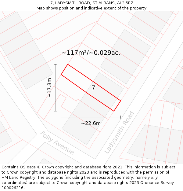 7, LADYSMITH ROAD, ST ALBANS, AL3 5PZ: Plot and title map