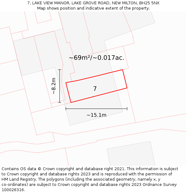 7, LAKE VIEW MANOR, LAKE GROVE ROAD, NEW MILTON, BH25 5NX: Plot and title map
