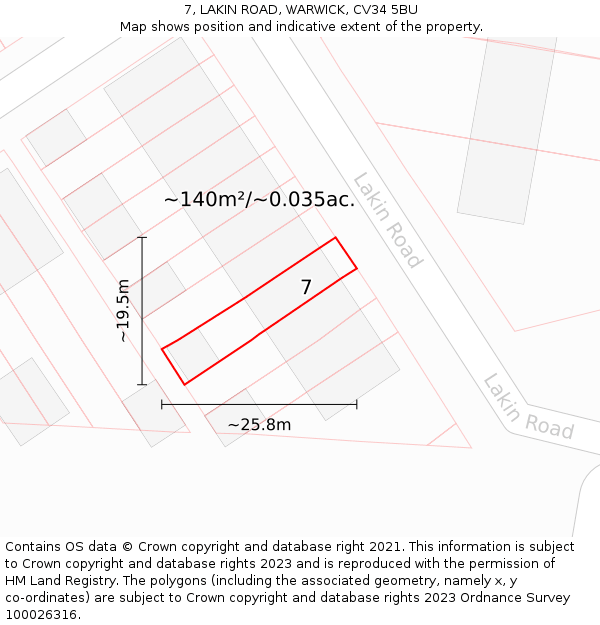 7, LAKIN ROAD, WARWICK, CV34 5BU: Plot and title map