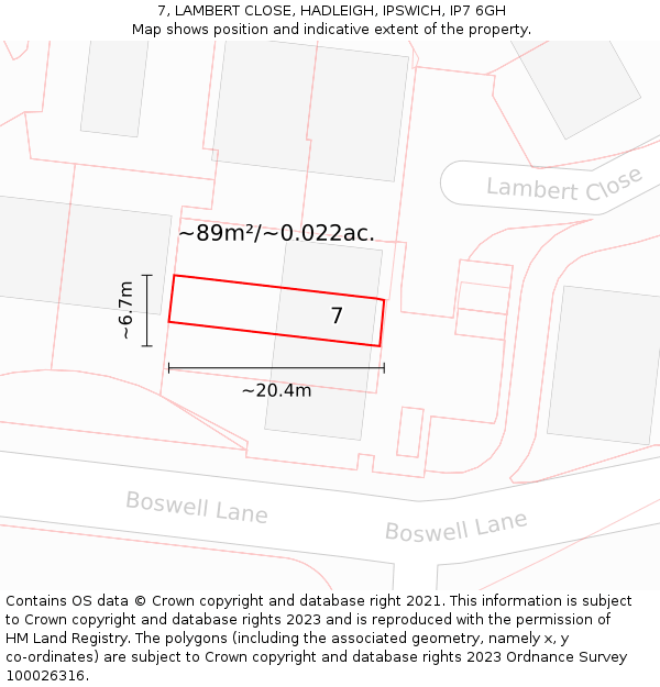 7, LAMBERT CLOSE, HADLEIGH, IPSWICH, IP7 6GH: Plot and title map