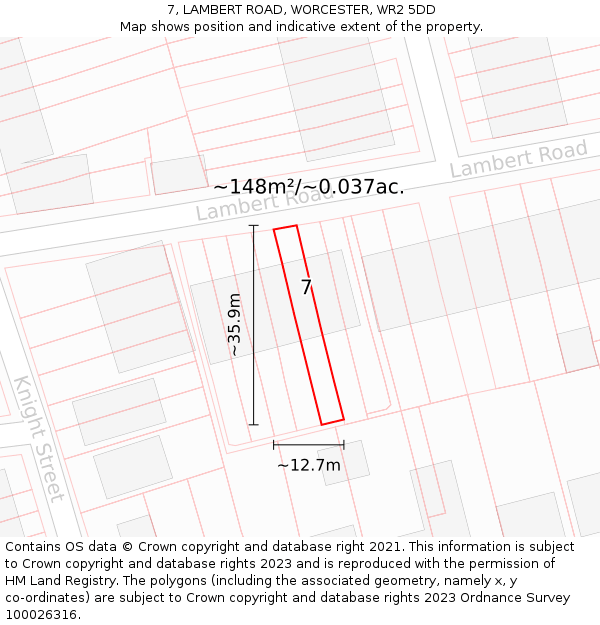 7, LAMBERT ROAD, WORCESTER, WR2 5DD: Plot and title map