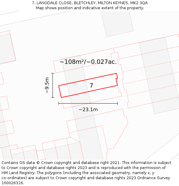 7, LANGDALE CLOSE, BLETCHLEY, MILTON KEYNES, MK2 3QA: Plot and title map