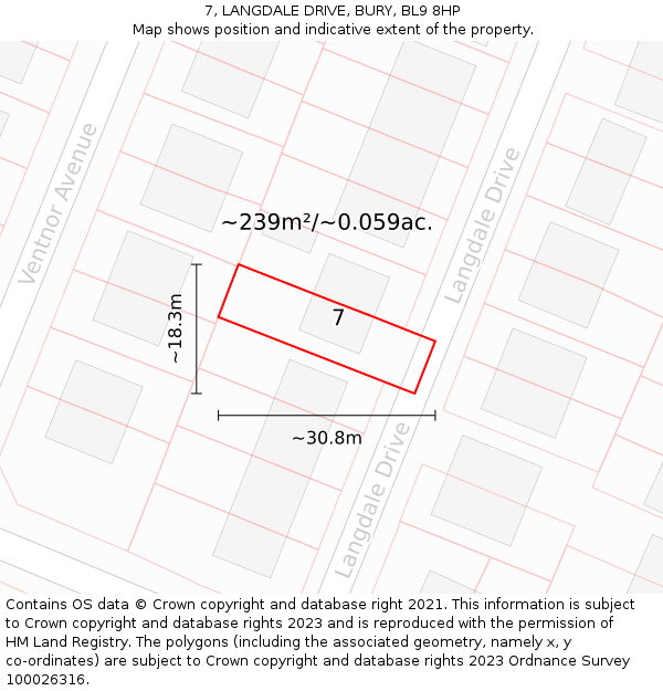 7, LANGDALE DRIVE, BURY, BL9 8HP: Plot and title map
