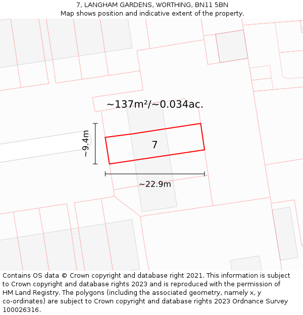 7, LANGHAM GARDENS, WORTHING, BN11 5BN: Plot and title map