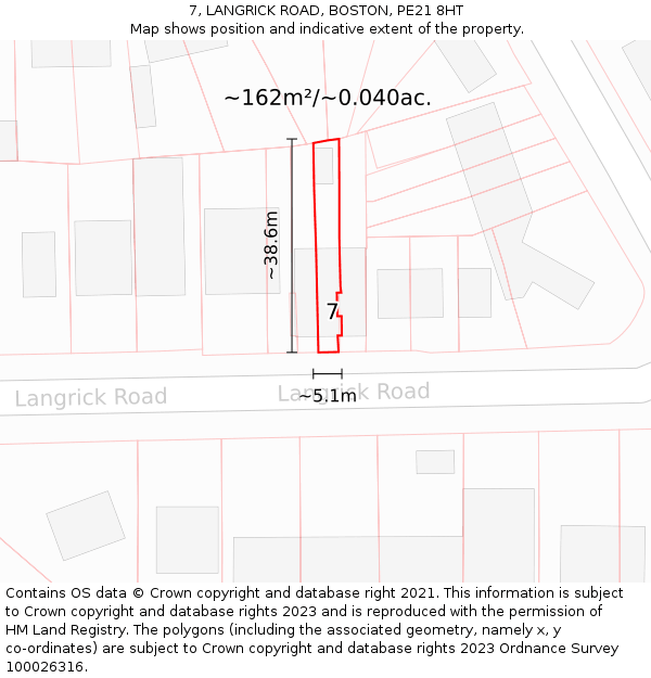 7, LANGRICK ROAD, BOSTON, PE21 8HT: Plot and title map