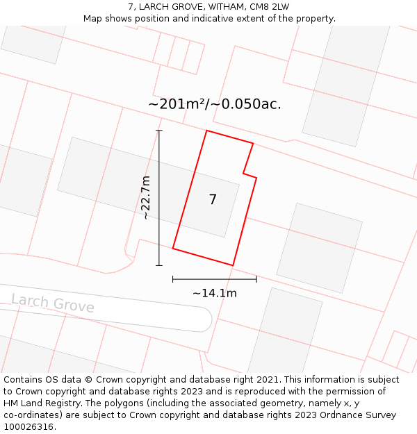 7, LARCH GROVE, WITHAM, CM8 2LW: Plot and title map