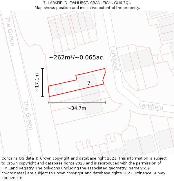 7, LARKFIELD, EWHURST, CRANLEIGH, GU6 7QU: Plot and title map