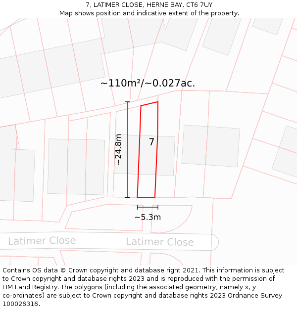 7, LATIMER CLOSE, HERNE BAY, CT6 7UY: Plot and title map