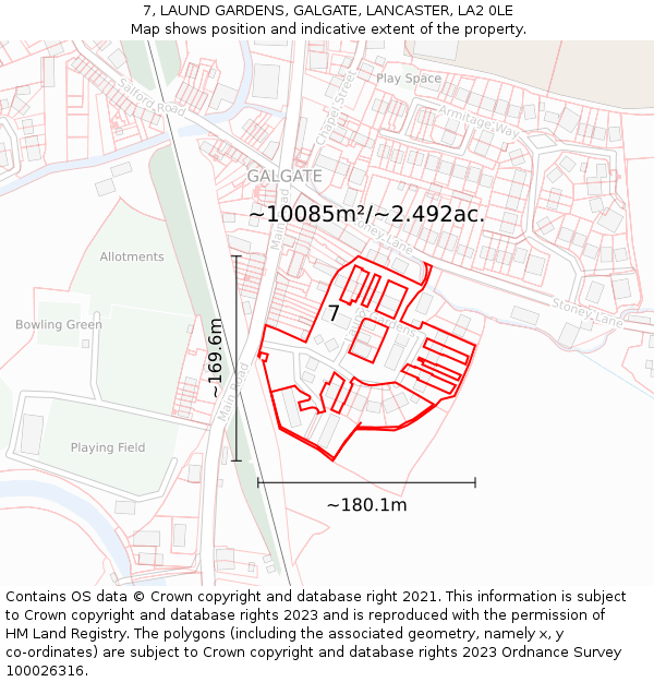 7, LAUND GARDENS, GALGATE, LANCASTER, LA2 0LE: Plot and title map