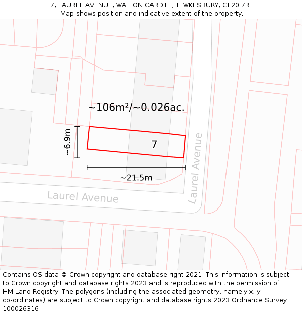7, LAUREL AVENUE, WALTON CARDIFF, TEWKESBURY, GL20 7RE: Plot and title map