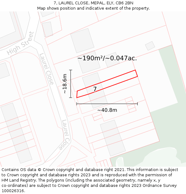 7, LAUREL CLOSE, MEPAL, ELY, CB6 2BN: Plot and title map