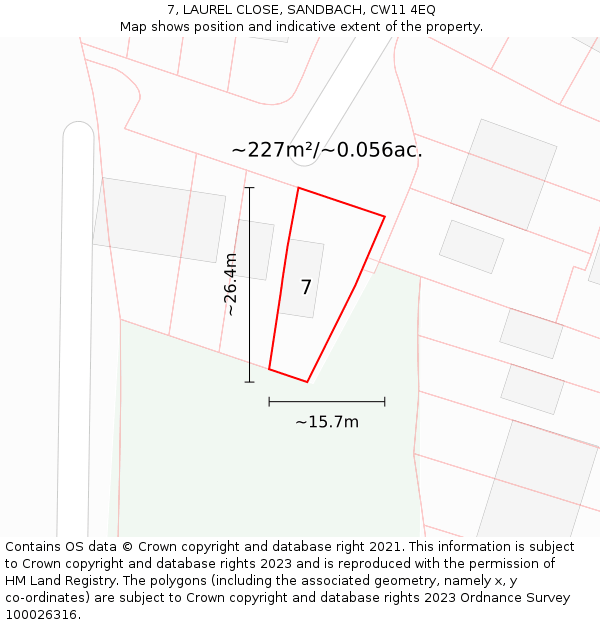 7, LAUREL CLOSE, SANDBACH, CW11 4EQ: Plot and title map