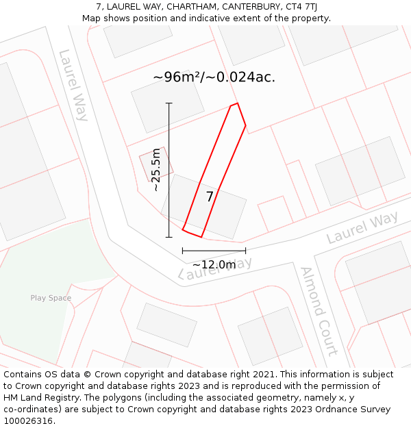 7, LAUREL WAY, CHARTHAM, CANTERBURY, CT4 7TJ: Plot and title map