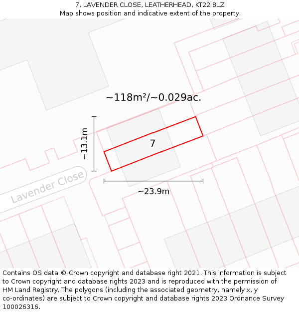 7, LAVENDER CLOSE, LEATHERHEAD, KT22 8LZ: Plot and title map