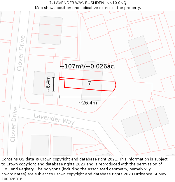 7, LAVENDER WAY, RUSHDEN, NN10 0NQ: Plot and title map