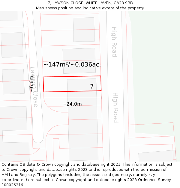 7, LAWSON CLOSE, WHITEHAVEN, CA28 9BD: Plot and title map