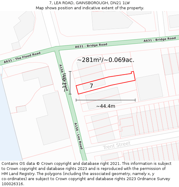 7, LEA ROAD, GAINSBOROUGH, DN21 1LW: Plot and title map