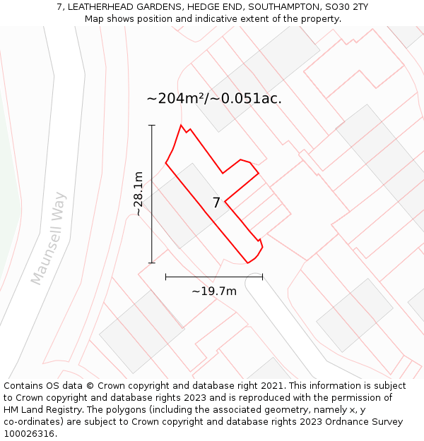 7, LEATHERHEAD GARDENS, HEDGE END, SOUTHAMPTON, SO30 2TY: Plot and title map