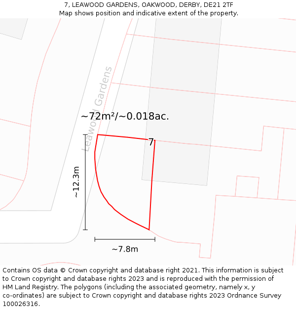 7, LEAWOOD GARDENS, OAKWOOD, DERBY, DE21 2TF: Plot and title map