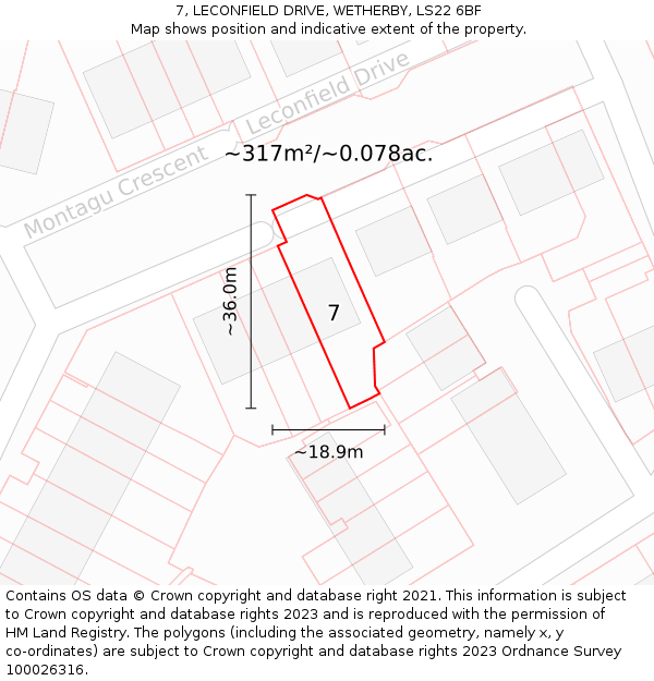 7, LECONFIELD DRIVE, WETHERBY, LS22 6BF: Plot and title map