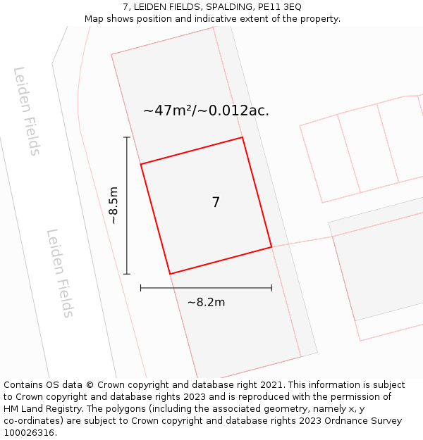 7, LEIDEN FIELDS, SPALDING, PE11 3EQ: Plot and title map