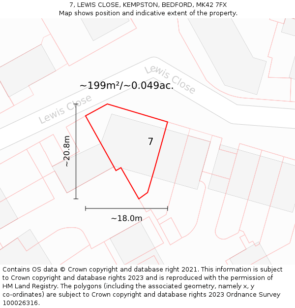 7, LEWIS CLOSE, KEMPSTON, BEDFORD, MK42 7FX: Plot and title map