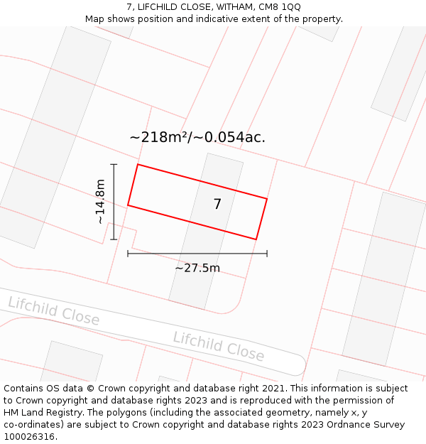 7, LIFCHILD CLOSE, WITHAM, CM8 1QQ: Plot and title map