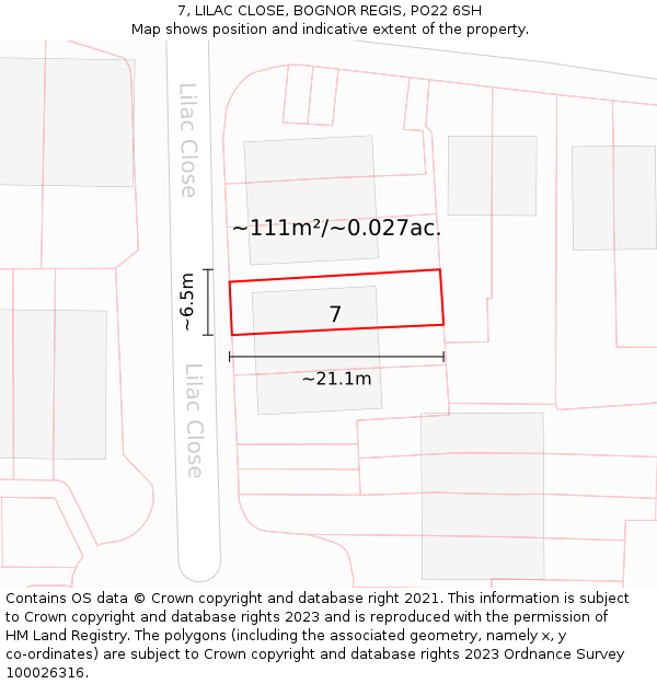 7, LILAC CLOSE, BOGNOR REGIS, PO22 6SH: Plot and title map