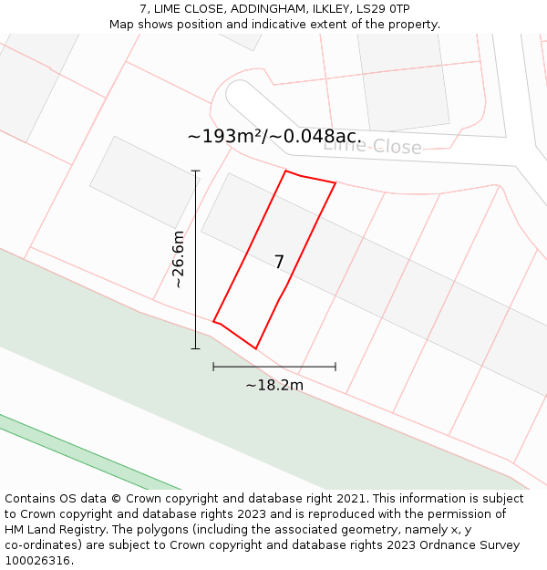 7, LIME CLOSE, ADDINGHAM, ILKLEY, LS29 0TP: Plot and title map