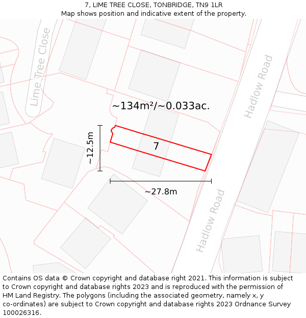 7, LIME TREE CLOSE, TONBRIDGE, TN9 1LR: Plot and title map