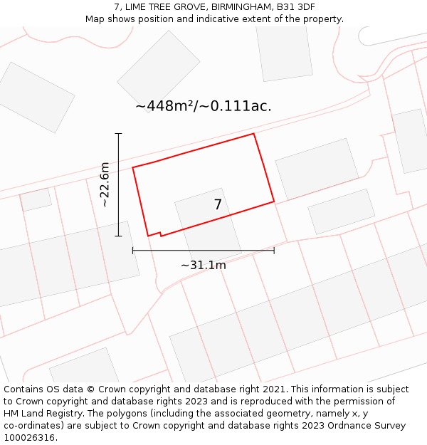 7, LIME TREE GROVE, BIRMINGHAM, B31 3DF: Plot and title map