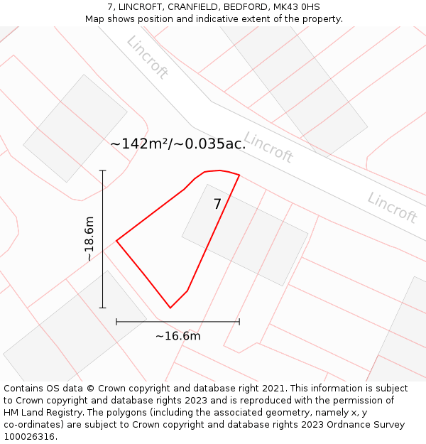 7, LINCROFT, CRANFIELD, BEDFORD, MK43 0HS: Plot and title map