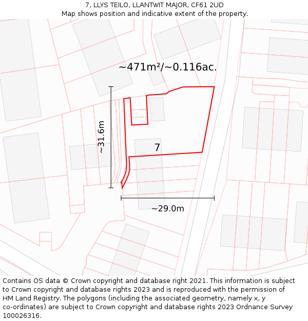 7, LLYS TEILO, LLANTWIT MAJOR, CF61 2UD: Plot and title map