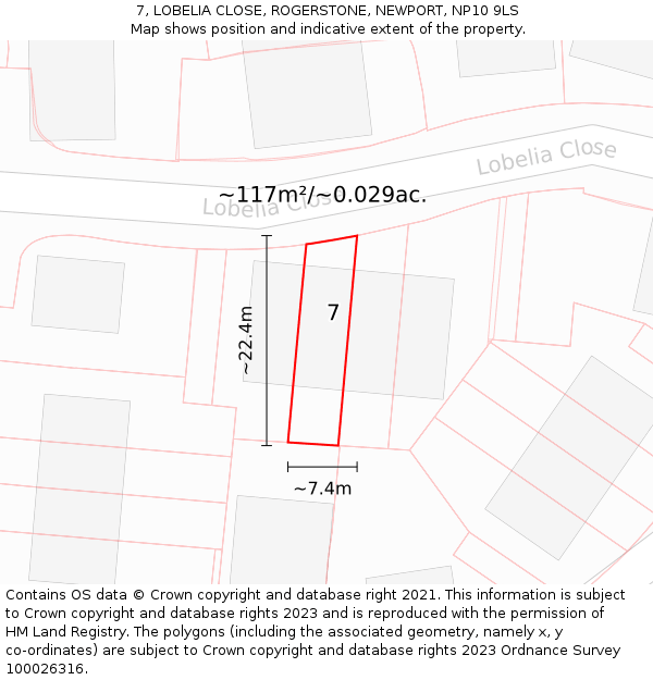 7, LOBELIA CLOSE, ROGERSTONE, NEWPORT, NP10 9LS: Plot and title map